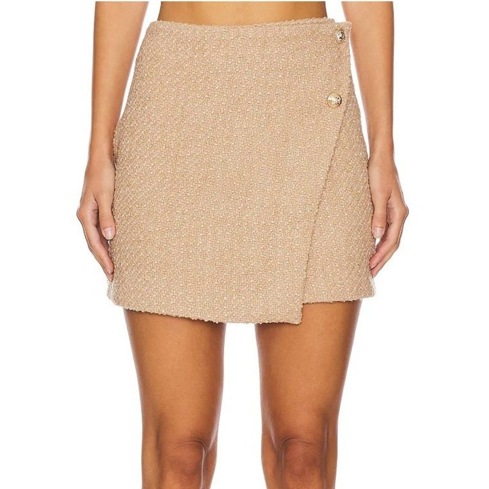 4th & Reckless Layana Skirt Women M Camel Tweed Wrap Gold‎ Button Mini SKRT491T